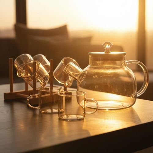7-Piece Borosilicate Glass Tea Set with Diamond Bamboo Lid - Image 5