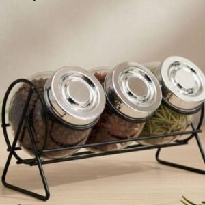 3-Piece Glass Spice Jar Set with Black Metal Display Rack